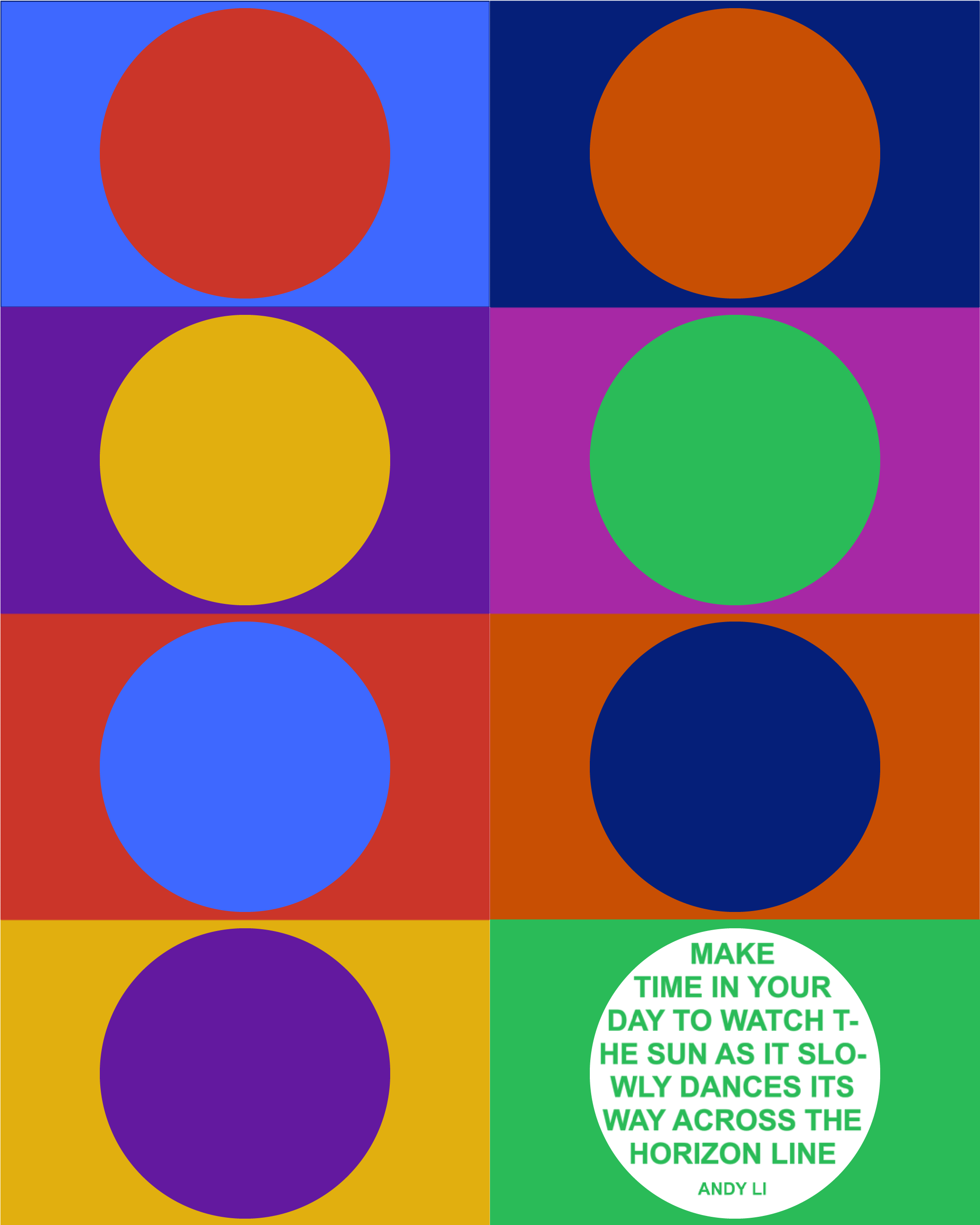 Colorful rectangles with different color circles inside. One circle has the exhibition title in it.