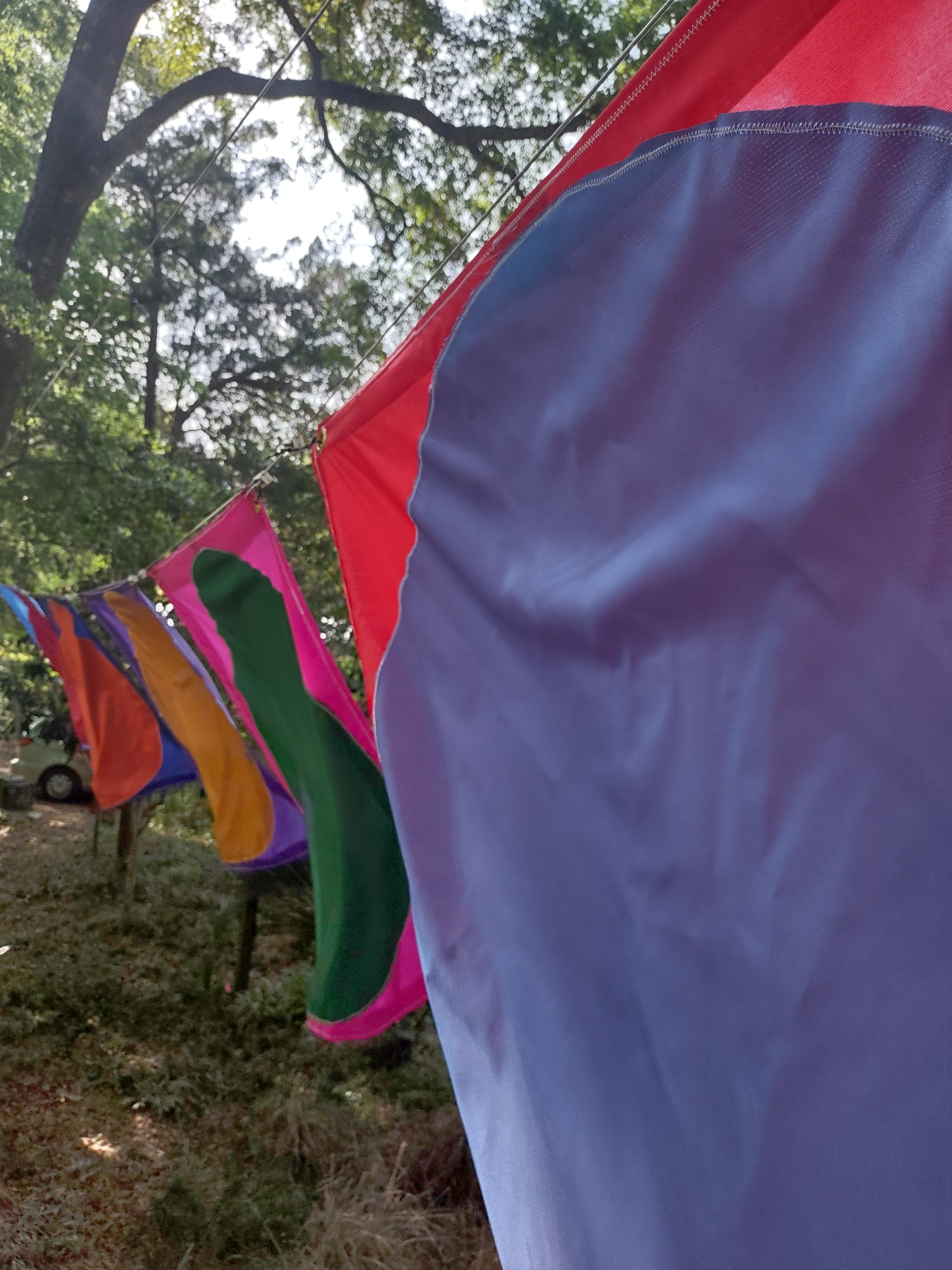 Close up image of brightly colored square flags with a different color circle filling most of the space in an outdoor setting, all the flags hang side by side on a line